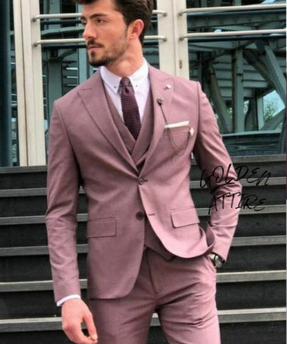 Dusty Rose Men's 3-Piece Suit, Wedding Groom Bespoke Attire