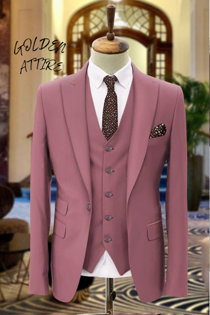 Dusty Rose Men's 3-Piece Suit: Wedding Groom Tuxedo