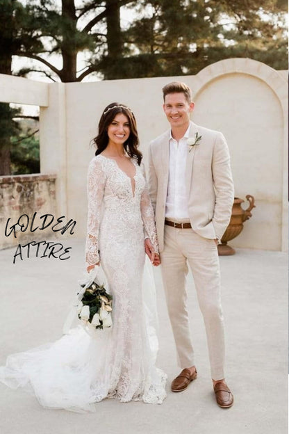 Linen Suit for Men: Cream Two-Piece Wedding Groom Attire