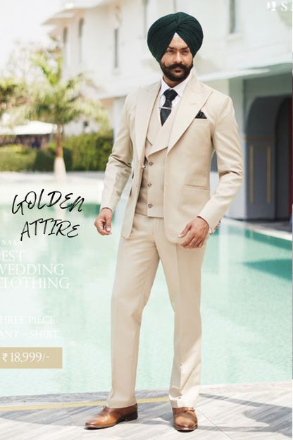 Cream 3-Piece Suit: Luxury Ethnic Wedding Wear