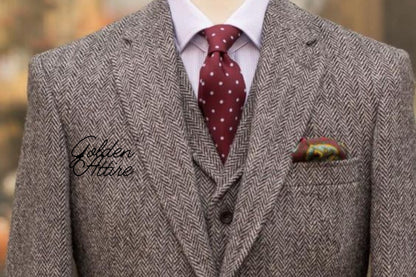 Tweed Suit for Men, 3-Piece Wedding Groom Suit