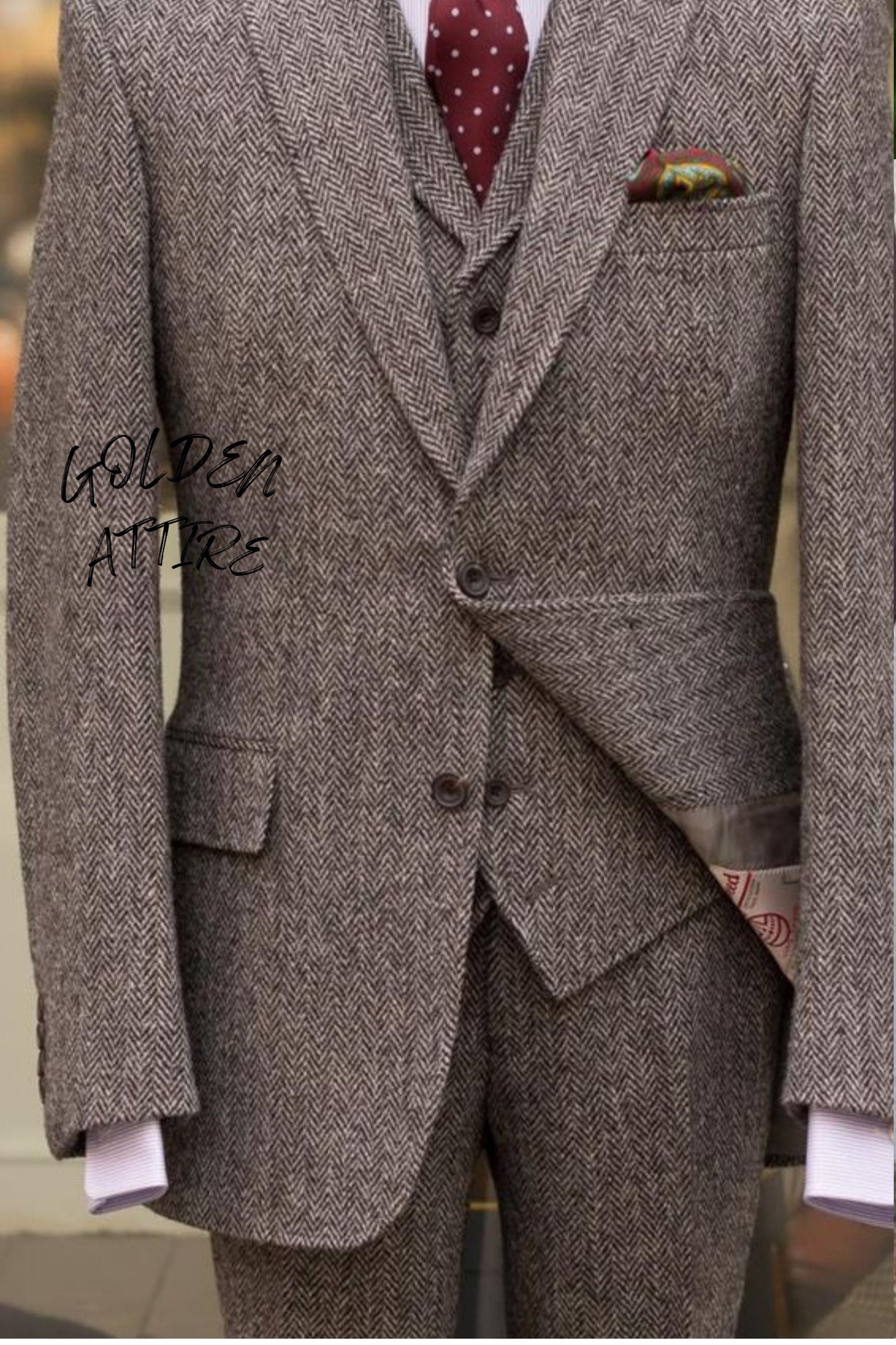 Tweed Suit for Men, 3-Piece Wedding Groom Suit