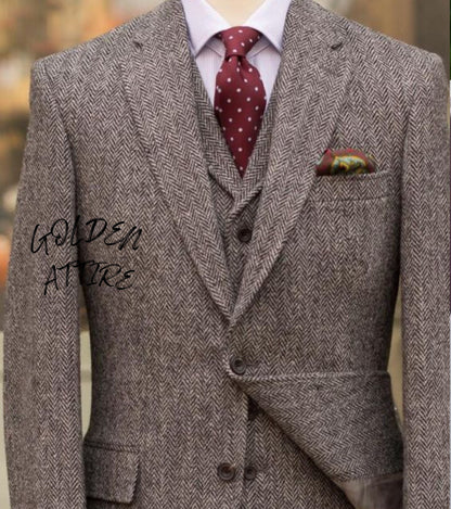 Tweed Suit for Men, 3-Piece Wedding Groom Suit