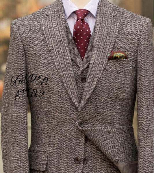 Tweed Suit for Men, 3-Piece Wedding Groom Suit