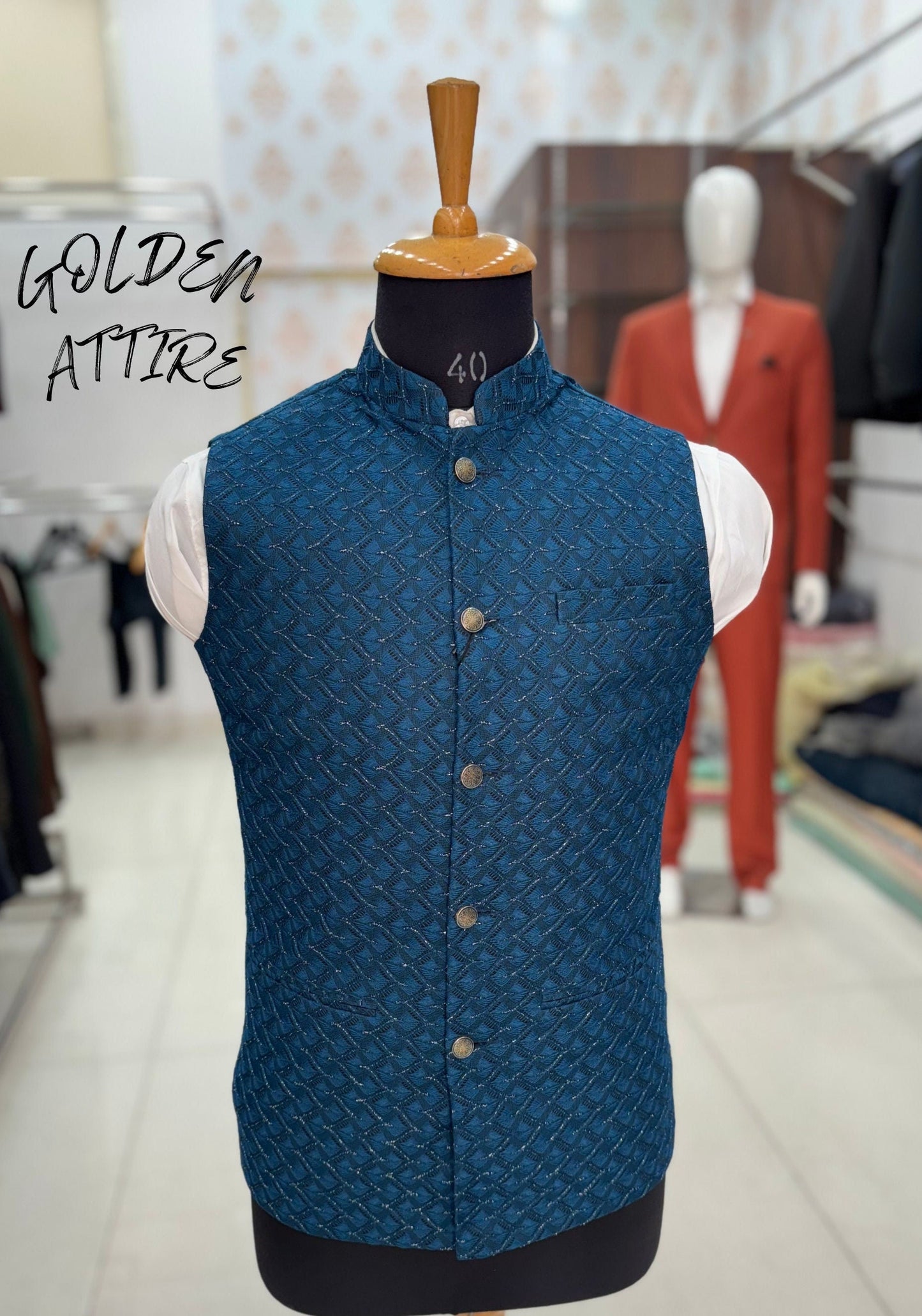 Peacock Blue Nehru Jacket, Men's Wedding Outfit, bandhgala waistcoat