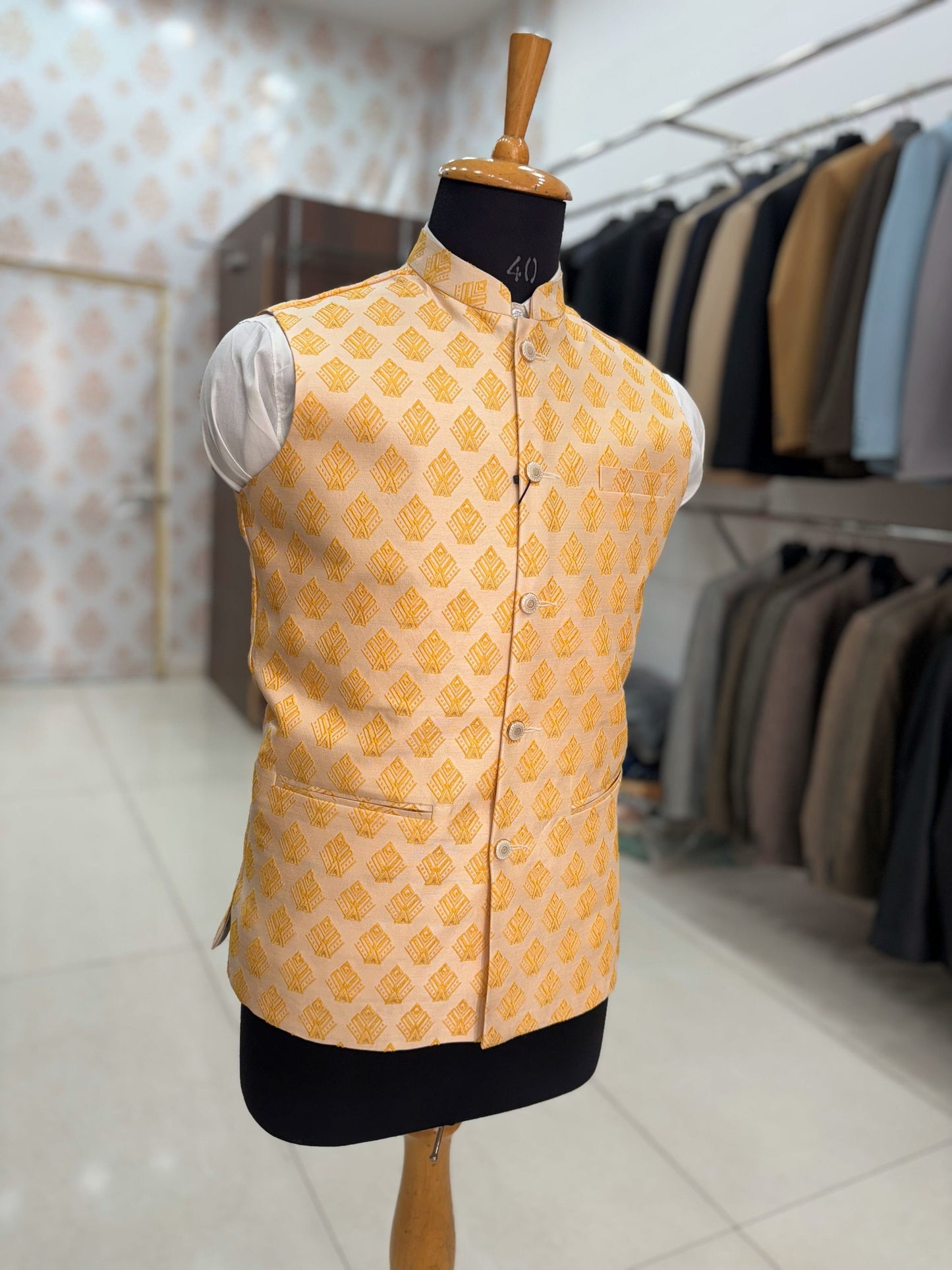 Beige Printed Nehru Jacket, Men's Modi Waistcoat