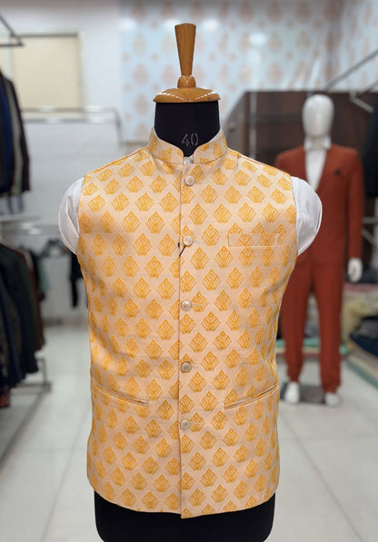 Beige Printed Nehru Jacket, Men's Modi Waistcoat