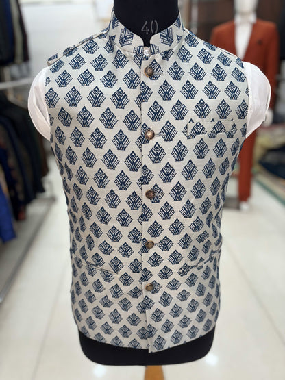 Printed Nehru Jacket for Men: Beige Modi Waistcoat