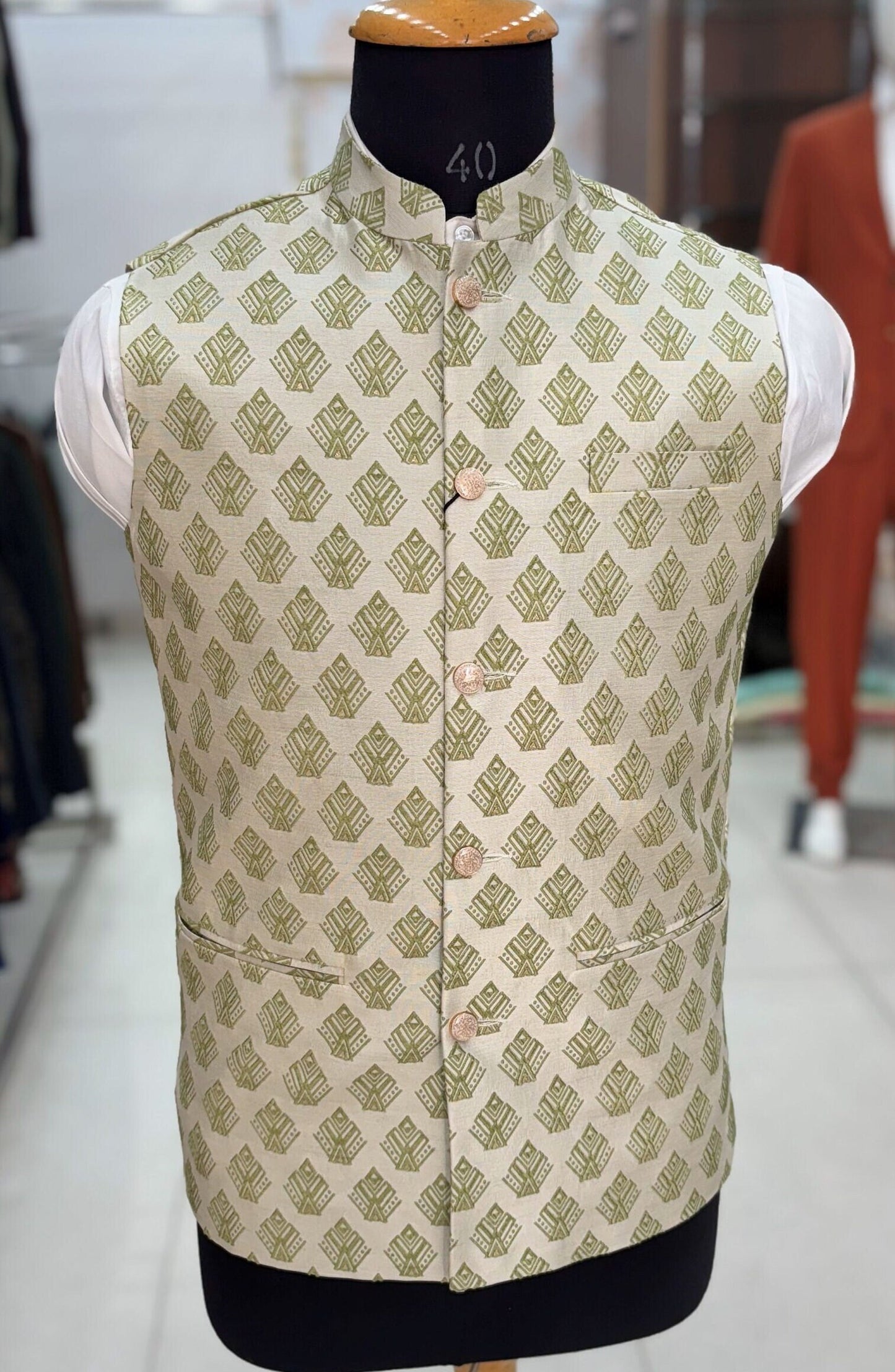Sage Green Printed Nehru Jacket: Men's Modi Vest