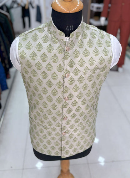 Sage Green Printed Nehru Jacket: Men's Modi Vest