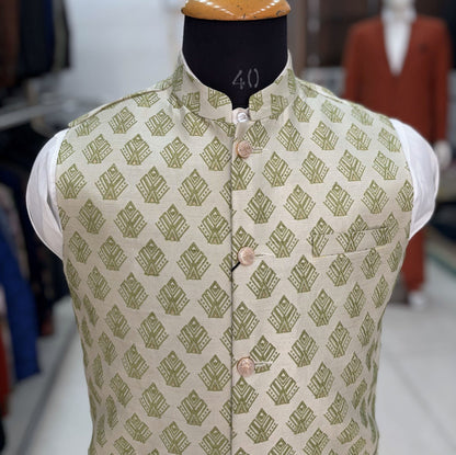 Sage Green Printed Nehru Jacket: Men's Modi Vest