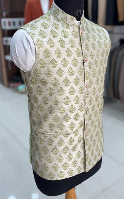 Sage Green Printed Nehru Jacket: Men's Modi Vest