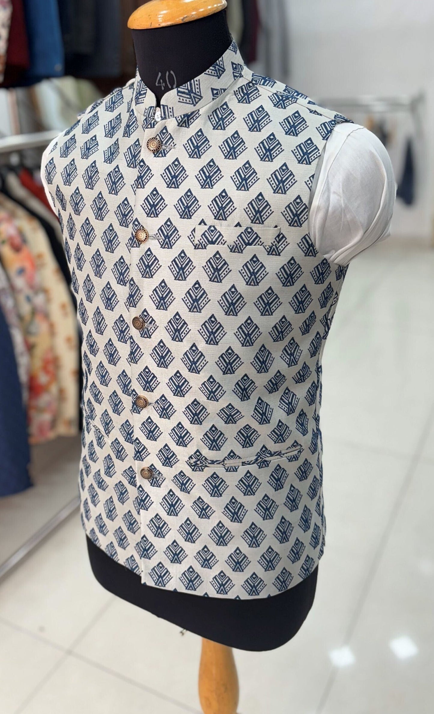 Printed Nehru Jacket for Men: Beige Modi Waistcoat