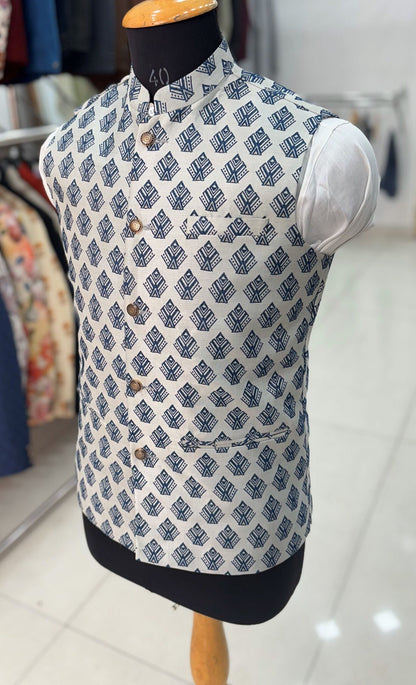 Printed Nehru Jacket for Men: Beige Modi Waistcoat
