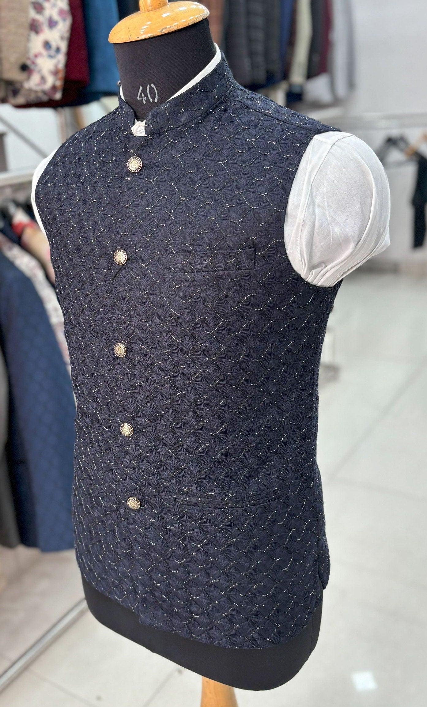 Navy Blue Nehru Jacket, Handcrafted Modi Jacket for Men