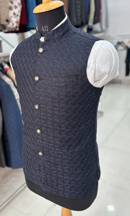 Navy Blue Nehru Jacket, Handcrafted Modi Jacket for Men