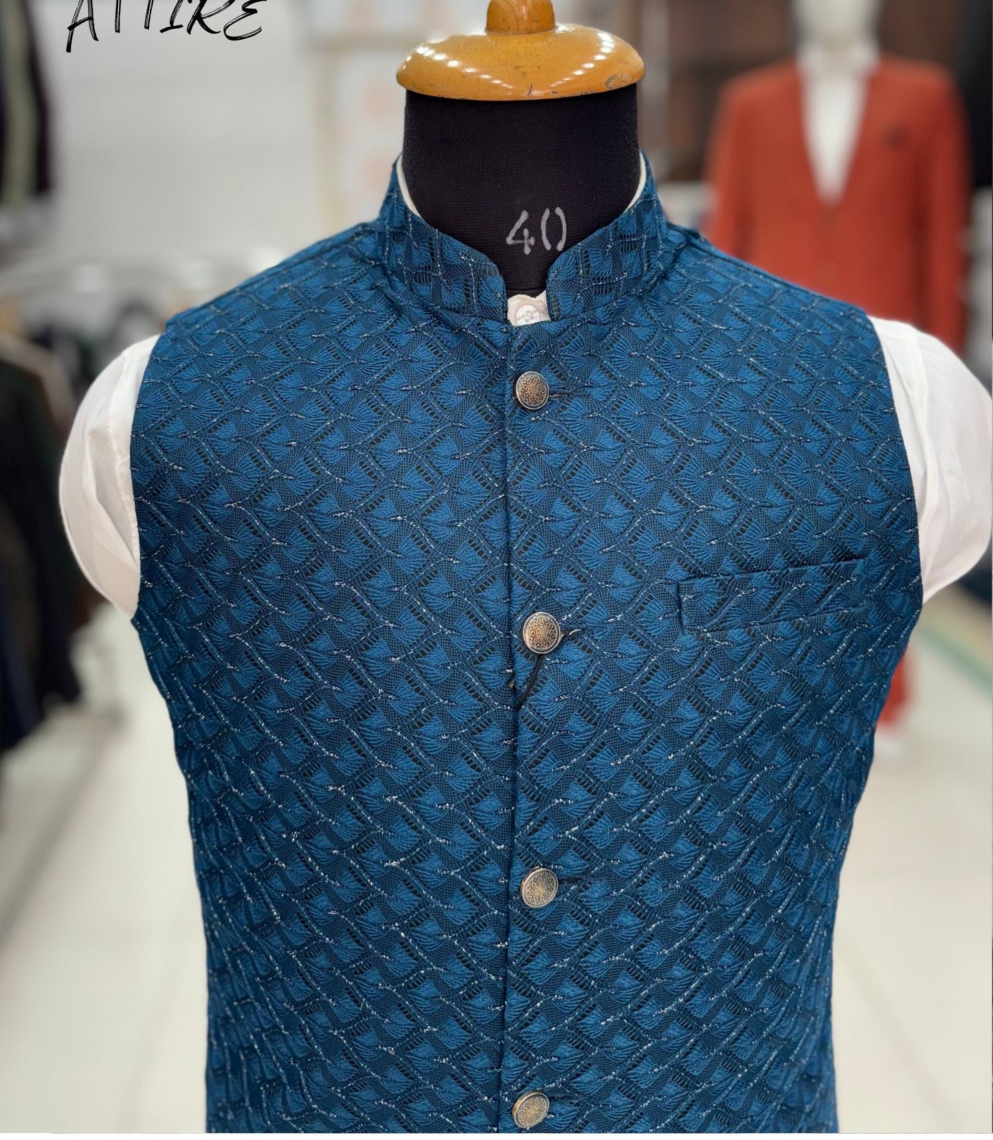 Peacock Blue Nehru Jacket, Men's Wedding Outfit, bandhgala waistcoat