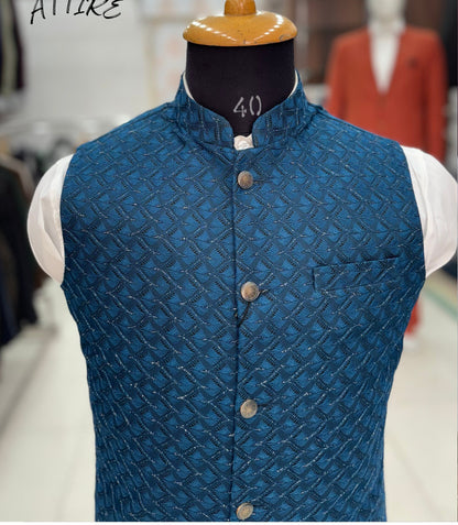 Peacock Blue Nehru Jacket, Men's Wedding Outfit, bandhgala waistcoat
