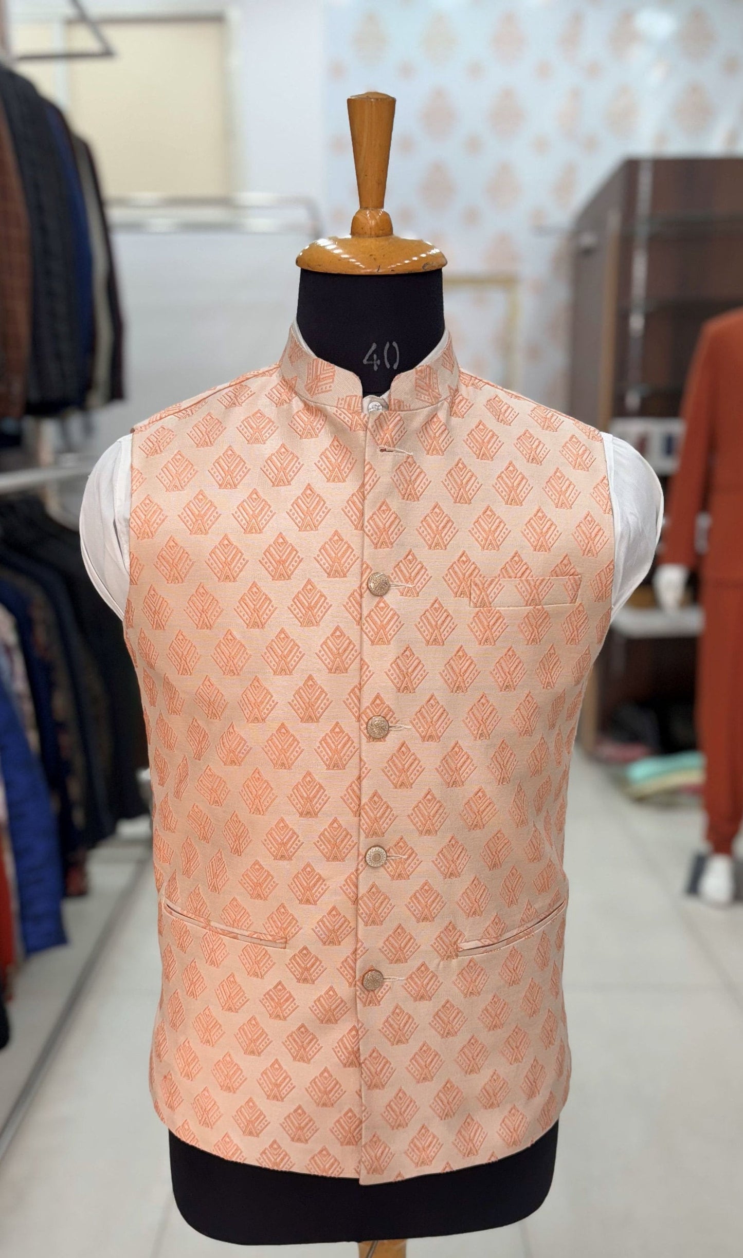 Pink Printed Nehru Jacket: Men's Wedding Modi Vest
