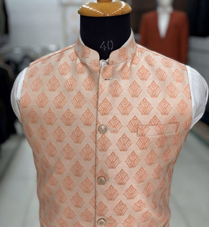 Pink Printed Nehru Jacket: Men's Wedding Modi Vest