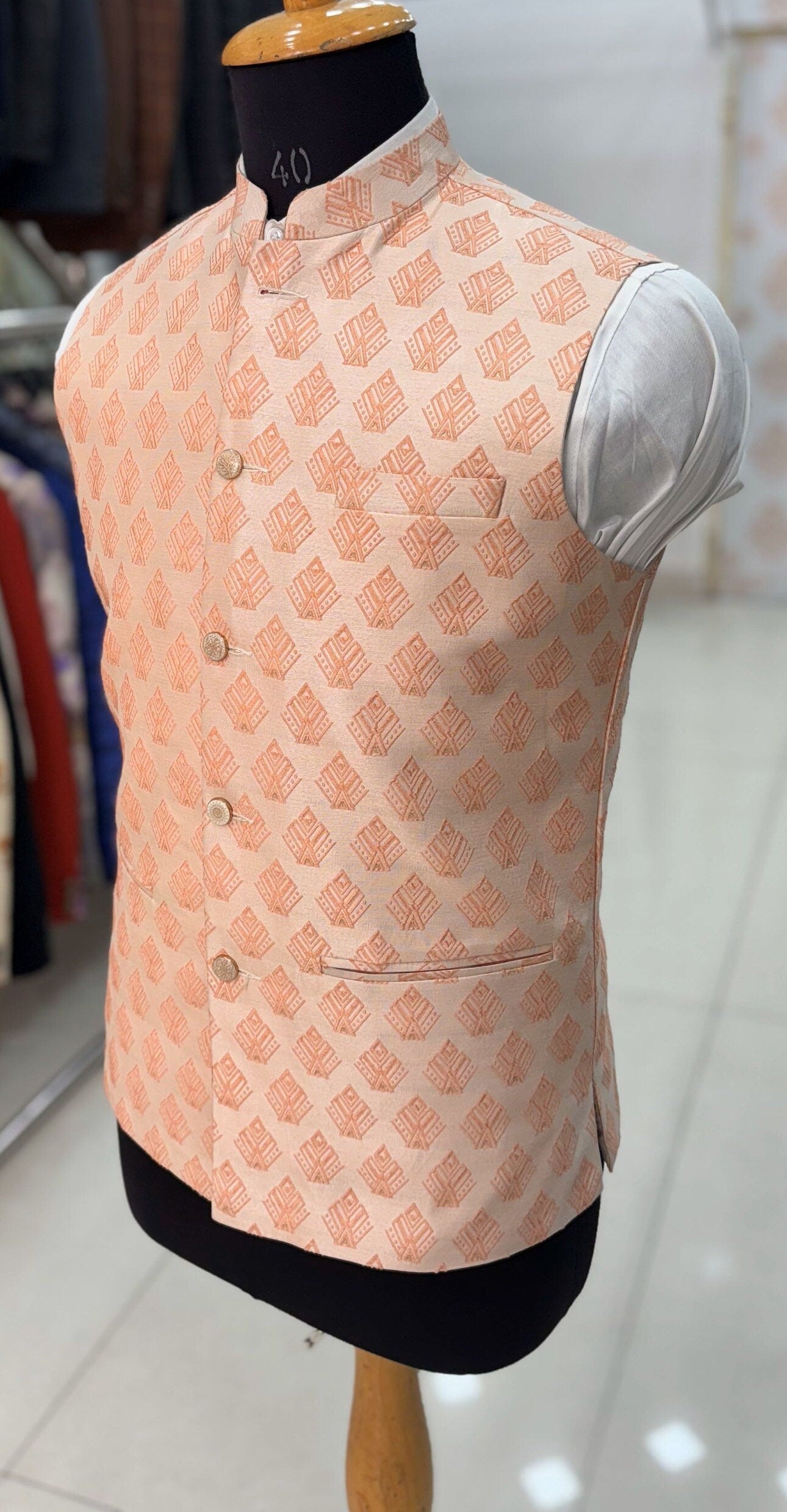 Pink Printed Nehru Jacket: Men's Wedding Modi Vest
