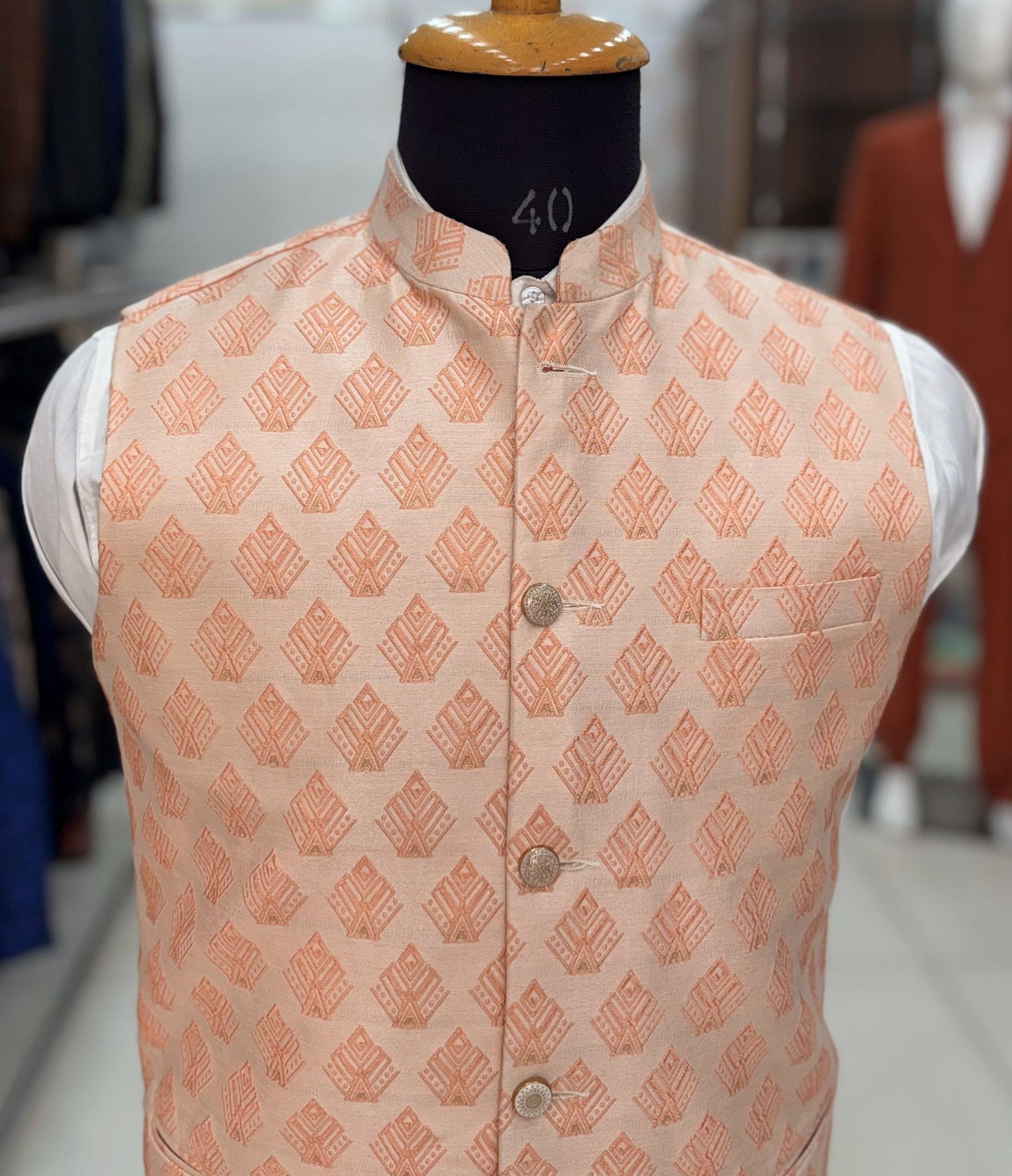 Pink Printed Nehru Jacket: Men's Wedding Modi Vest