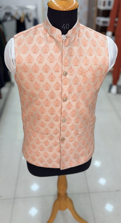 Pink Printed Nehru Jacket: Men's Wedding Modi Vest