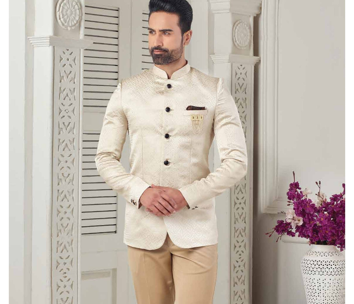 Cream Groom Jodhpuri Suit, Indian Wedding Outfit
