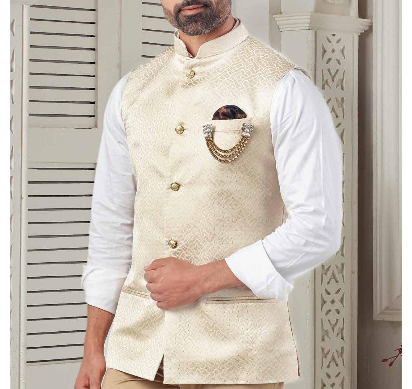 Ivory Nehru Jacket for Men: Formal Modi Waistcoat