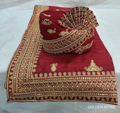 Red Wedding Turban & Shawl Set, Indian Groom Safa Combo with Golden Embroidery