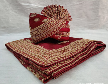 Red Wedding Turban & Shawl Set, Indian Groom Safa Combo with Golden Embroidery