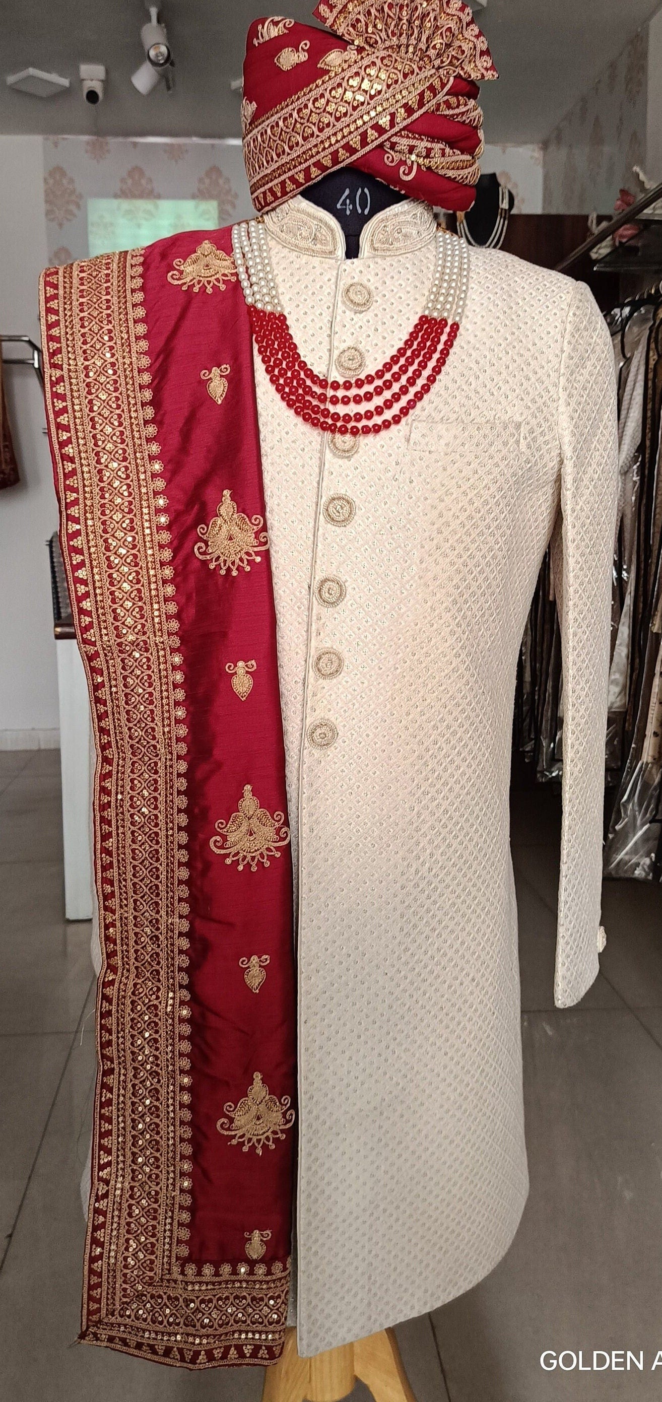 Red Wedding Turban & Shawl Set, Indian Groom Safa Combo with Golden Embroidery