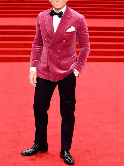 Men's Pink Velvet Double Breasted Blazer, Party Dinner Jacket