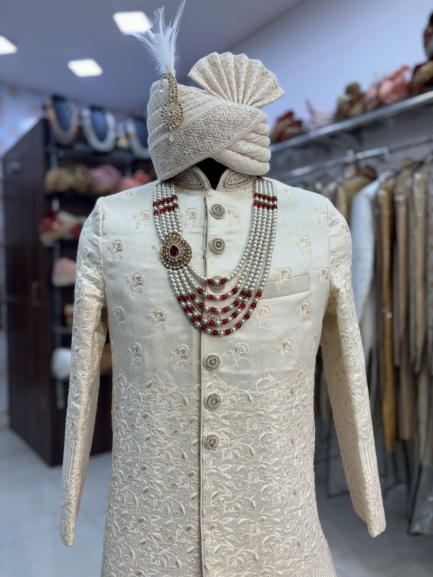 White Embroidered Groom Sherwani: Indian Wedding Outfit Set