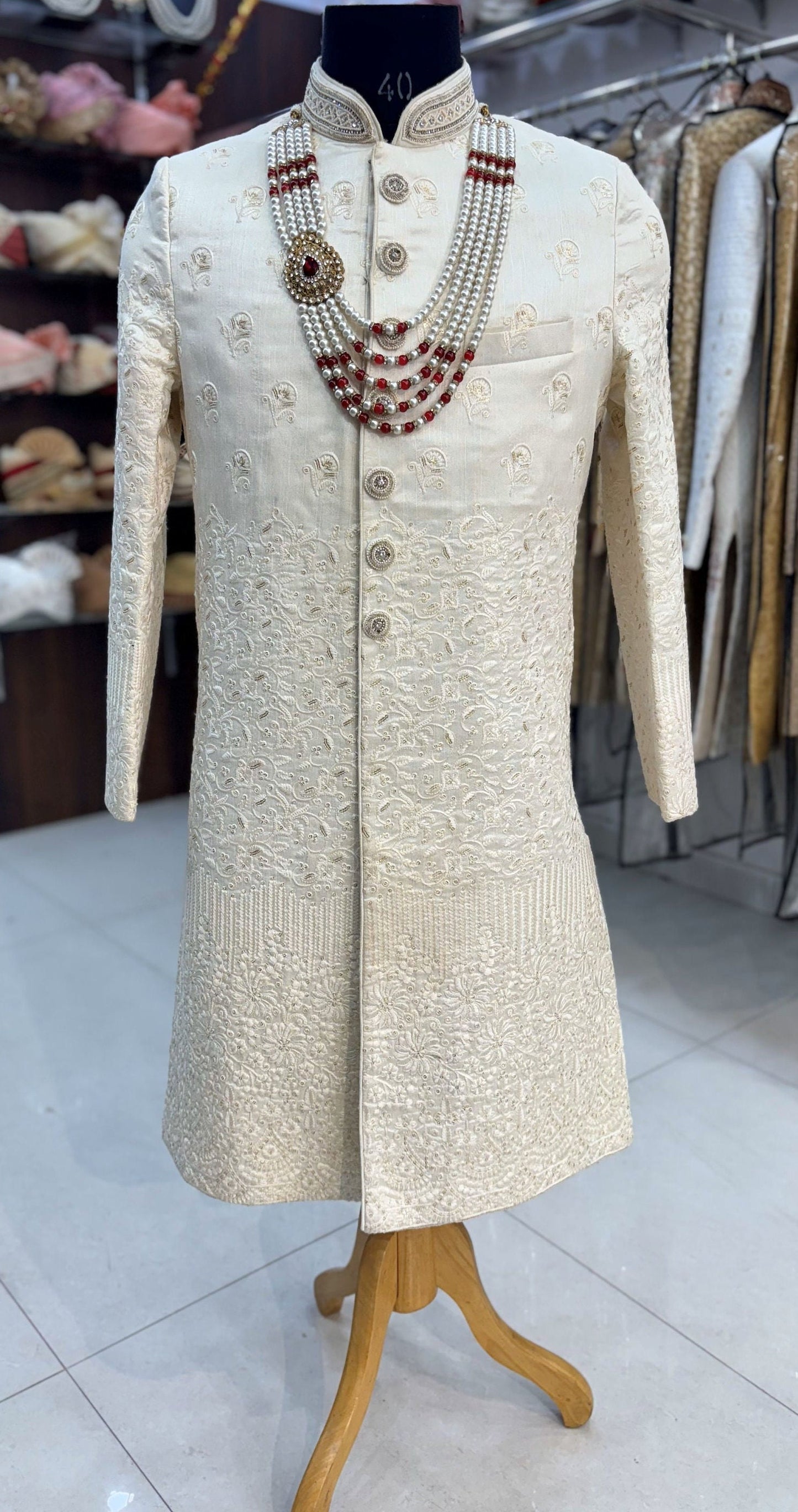 White Embroidered Groom Sherwani: Indian Wedding Outfit Set