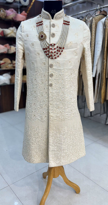 White Embroidered Groom Sherwani: Indian Wedding Outfit Set