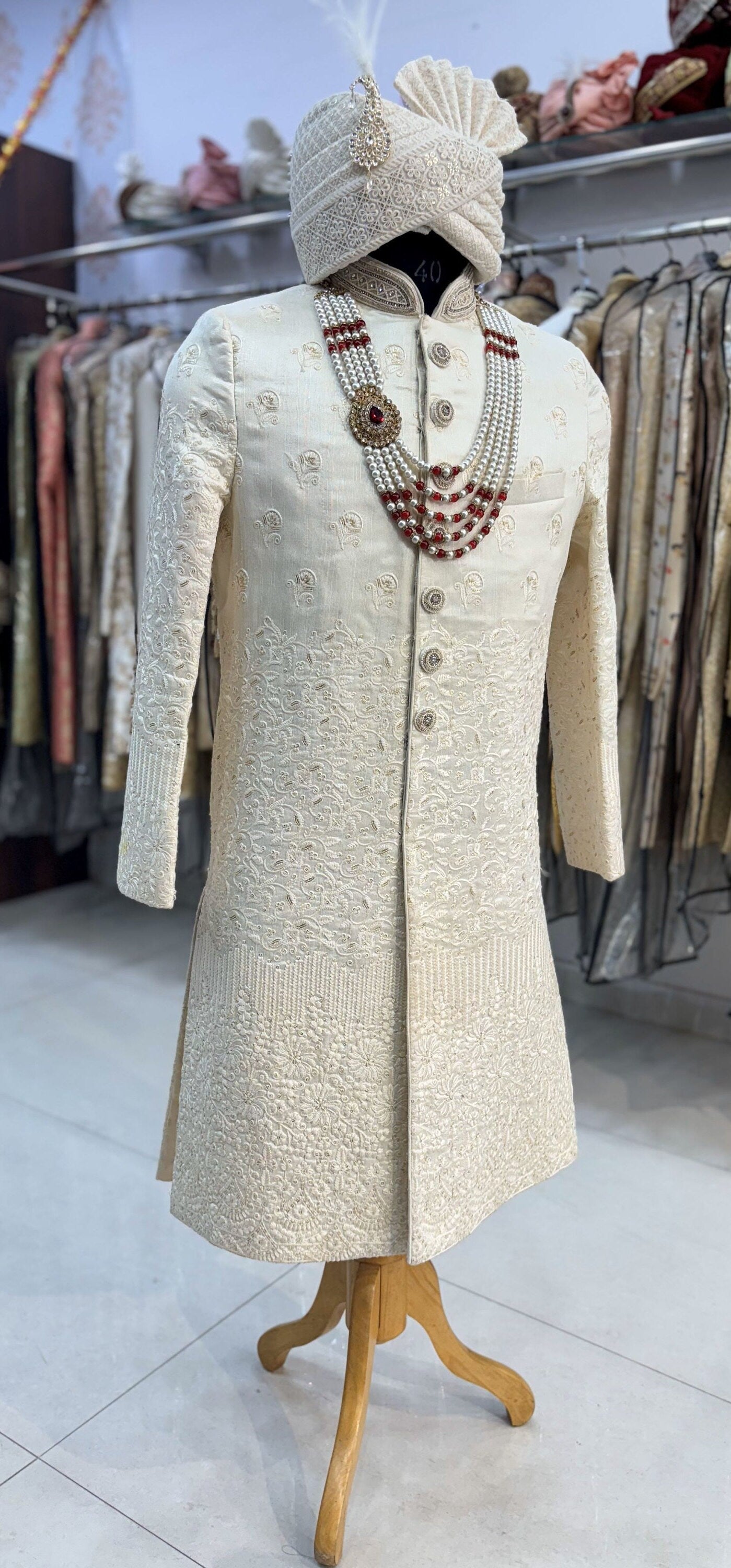 White Embroidered Groom Sherwani: Indian Wedding Outfit Set