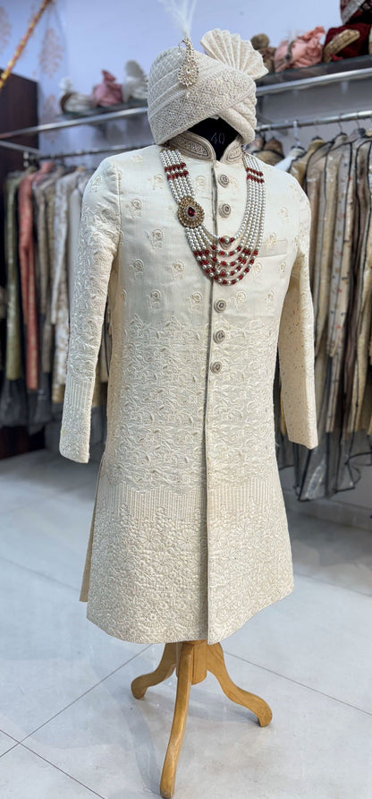 White Embroidered Groom Sherwani: Indian Wedding Outfit Set