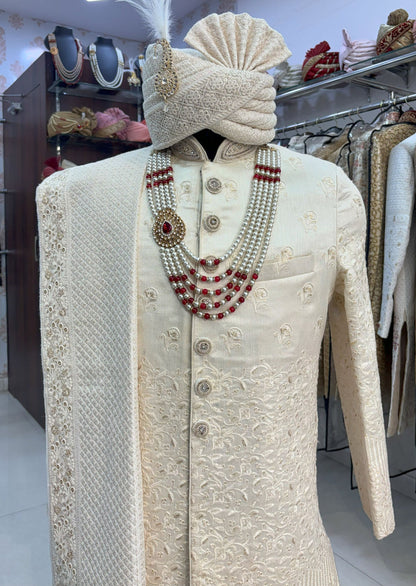 White Embroidered Groom Sherwani: Indian Wedding Outfit Set