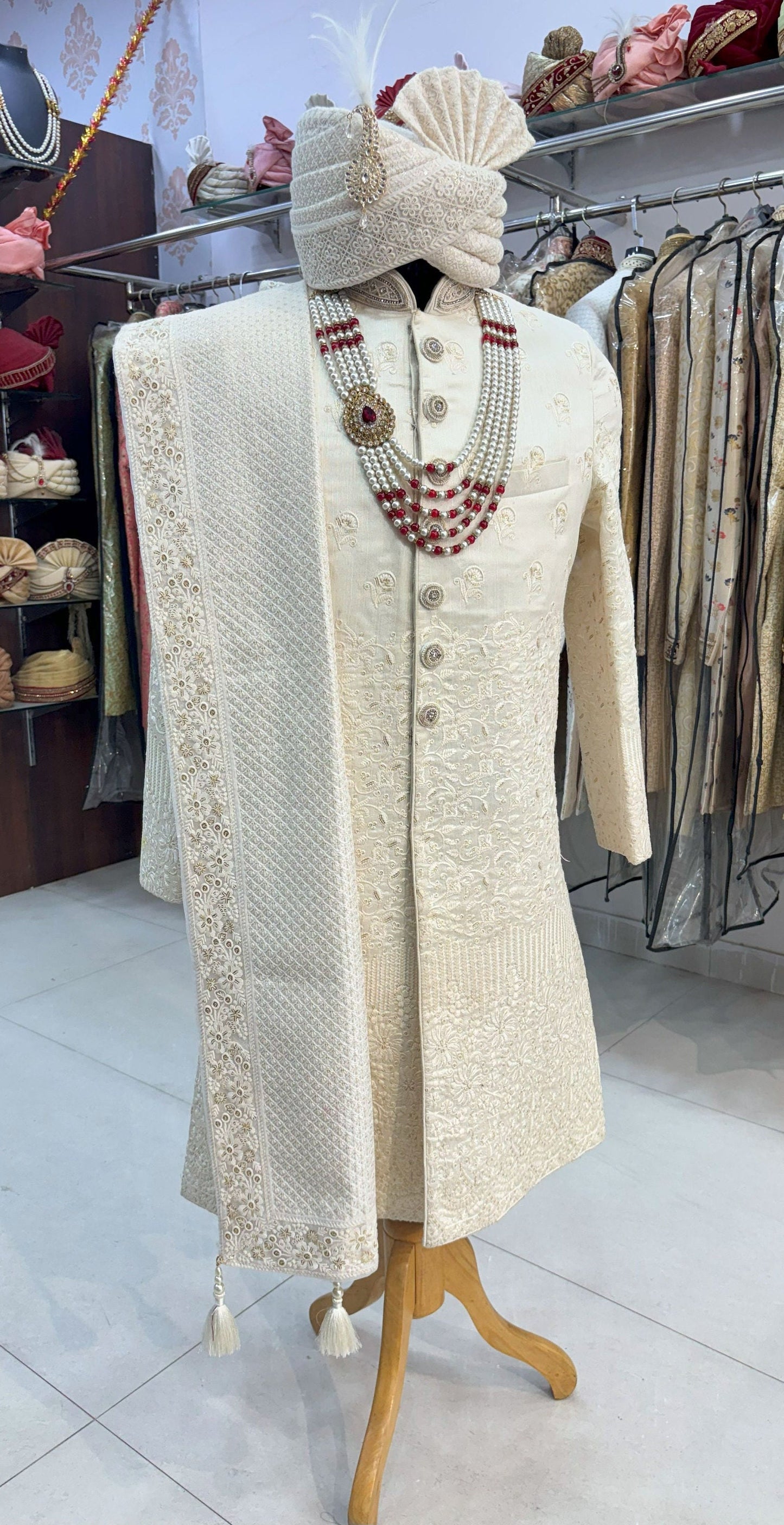 White Embroidered Groom Sherwani: Indian Wedding Outfit Set