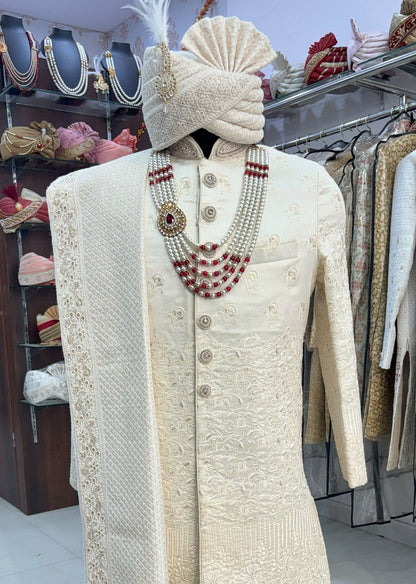 White Embroidered Groom Sherwani: Indian Wedding Outfit Set