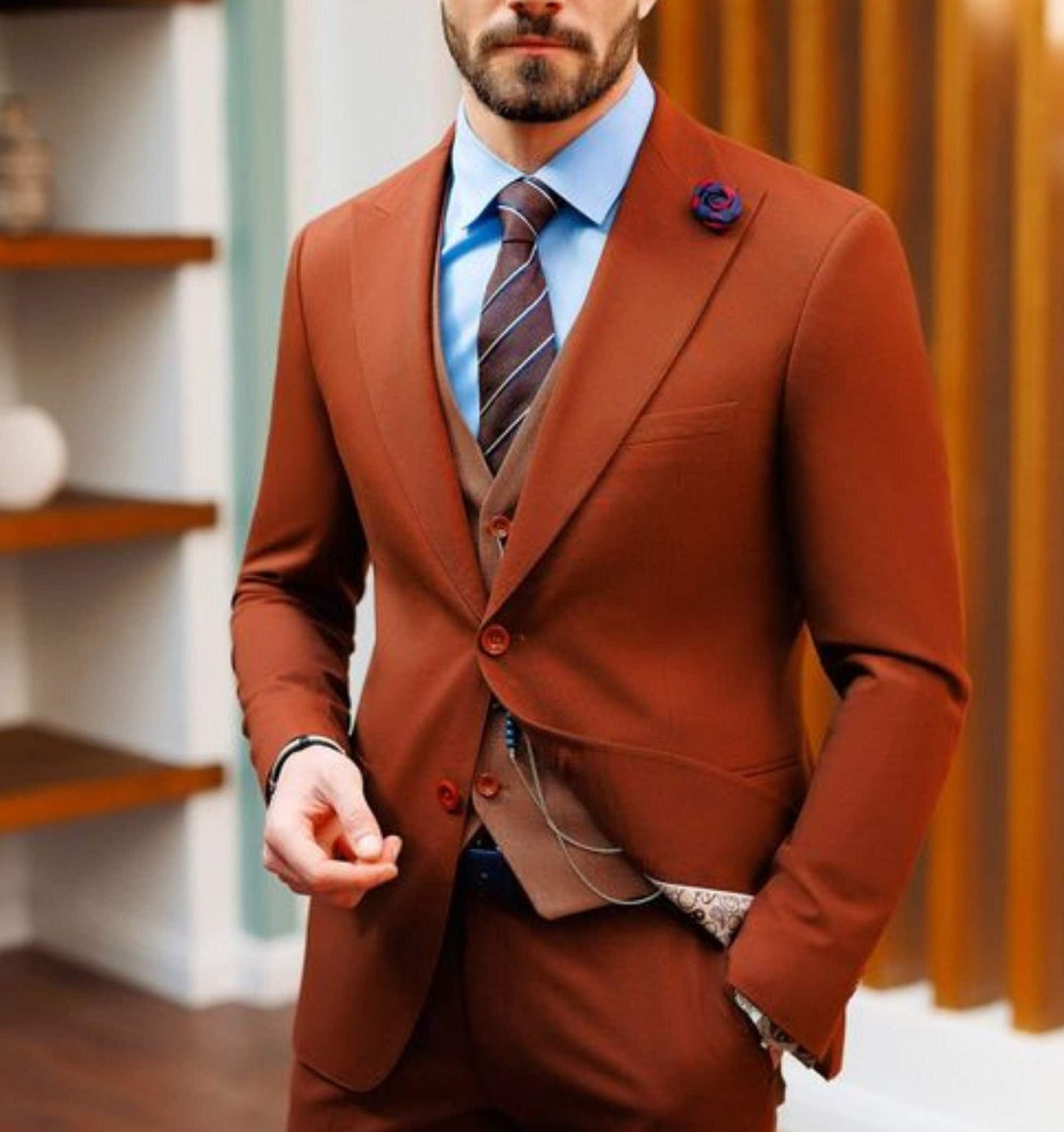 Terracotta Brown 3-Piece Suit, Rust Two Button Tuxedo, Groom Wedding Suit
