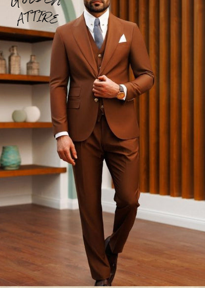 Terracotta Brown 3-Piece Suit, Rust Two Button Tuxedo, Groom Wedding Suit