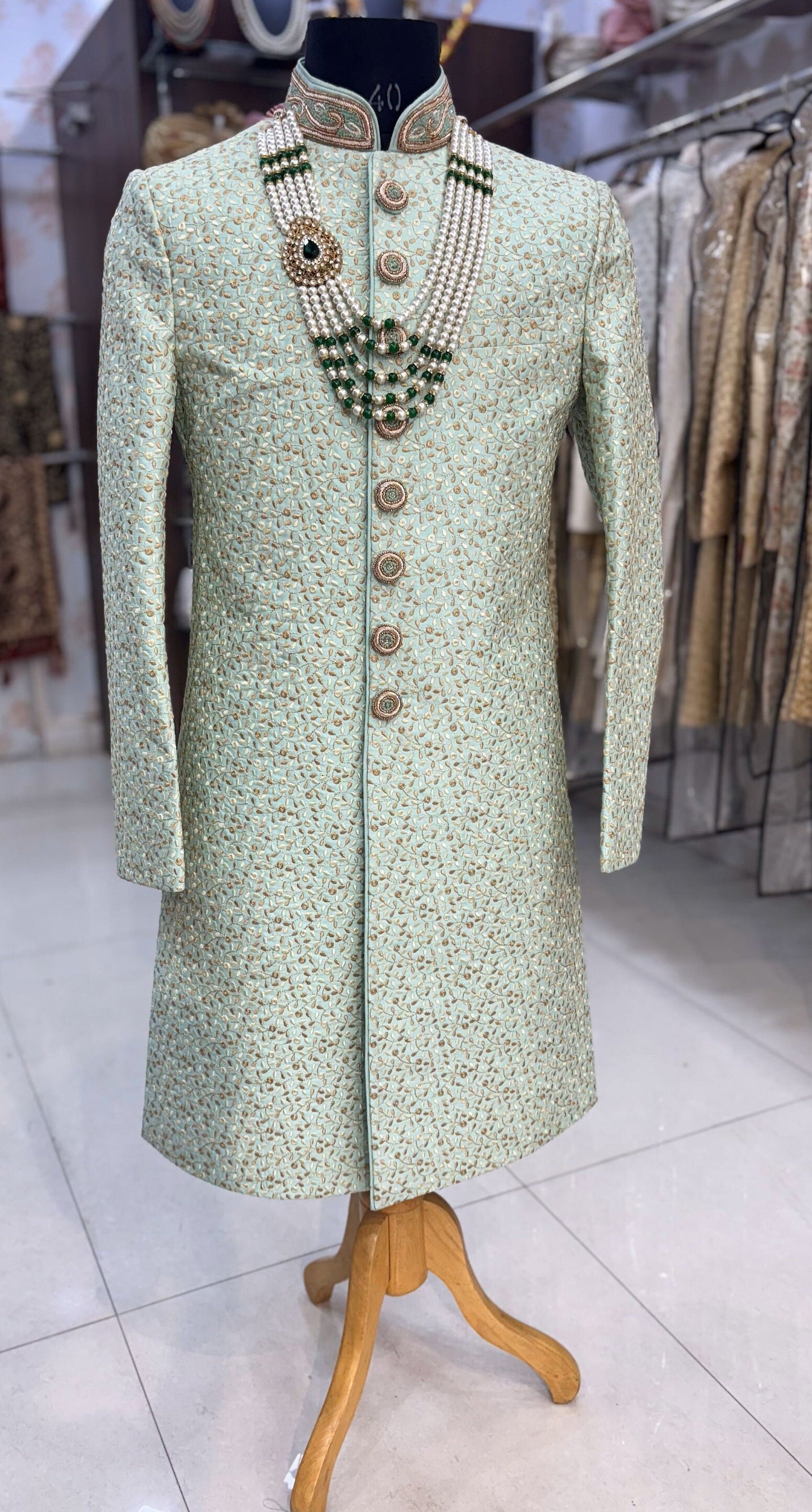 Green Sherwani Groom Outfit: Indian Wedding Sherwani Set