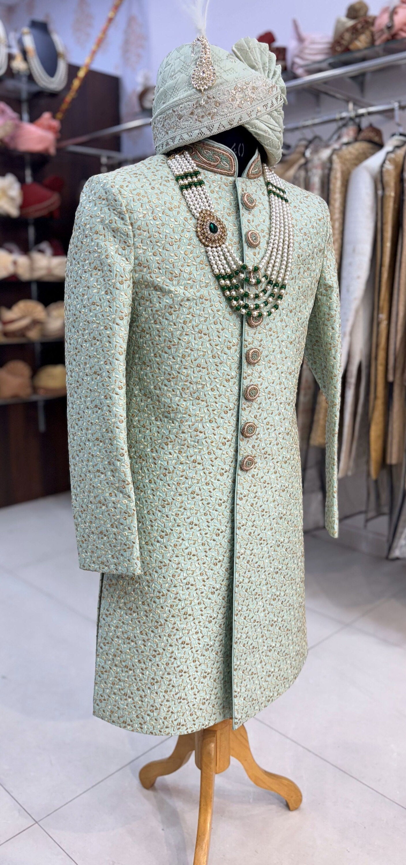 Green Sherwani Groom Outfit: Indian Wedding Sherwani Set