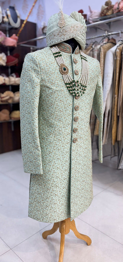 Green Sherwani Groom Outfit: Indian Wedding Sherwani Set