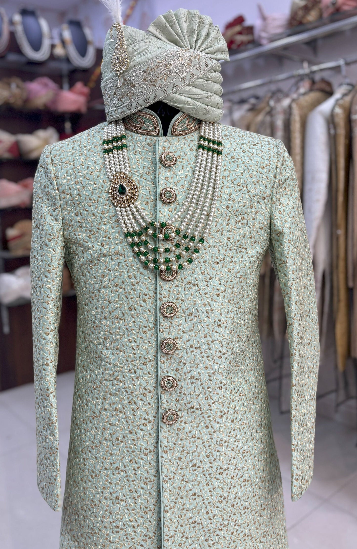 Green Sherwani Groom Outfit: Indian Wedding Sherwani Set