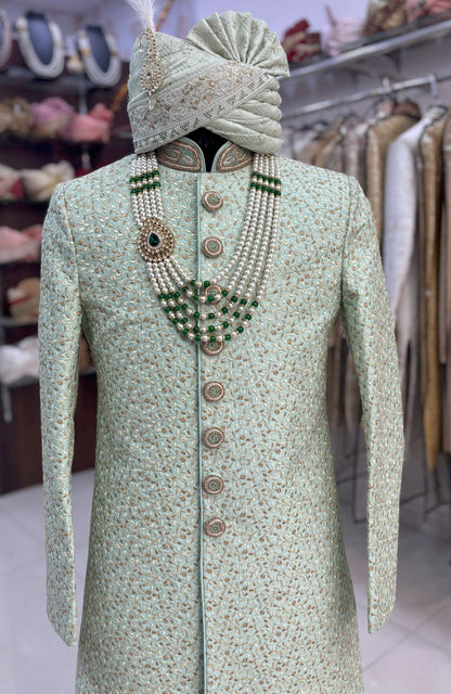 Green Sherwani Groom Outfit: Indian Wedding Sherwani Set