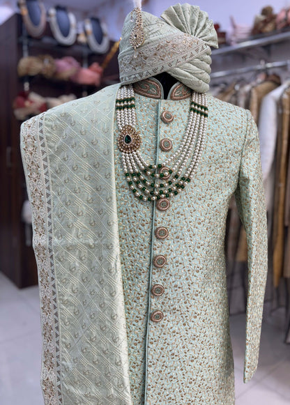 Green Sherwani Groom Outfit: Indian Wedding Sherwani Set