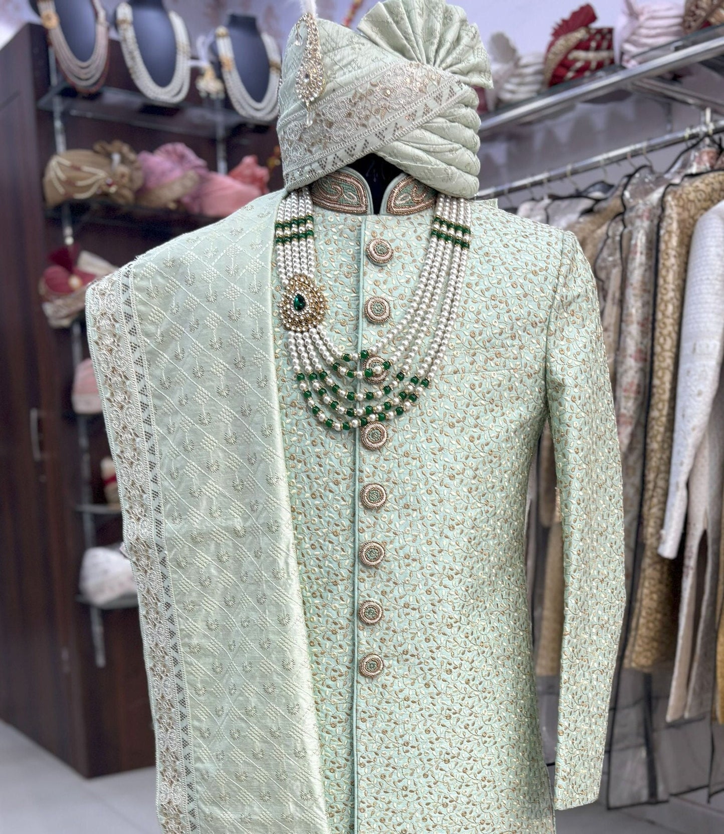 Green Sherwani Groom Outfit: Indian Wedding Sherwani Set